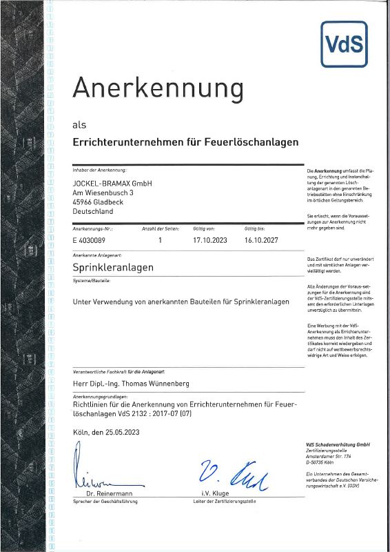 VDS Anerkennung  als Errichterunternehmen für Feuerlöschanlagen Sprinkleranlagen