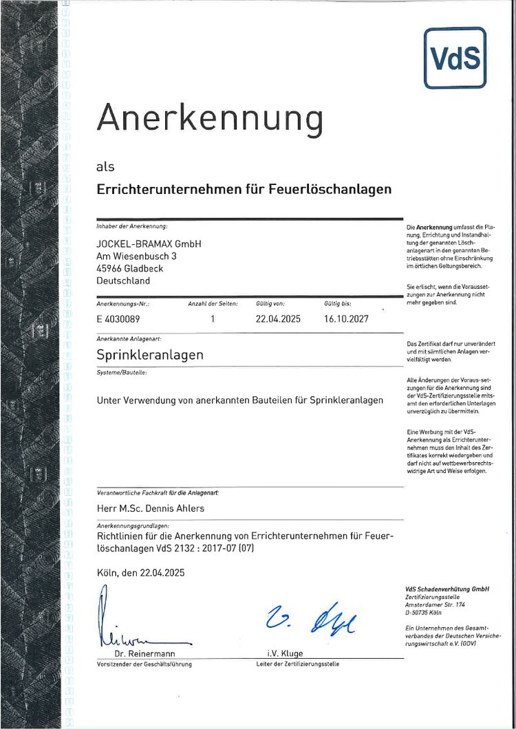 VDS Anerkennung als Errichterunternehmen für Feuerlöschanlagen Sprinkleranlagen